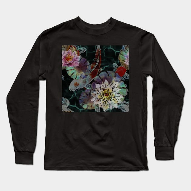 Lotus flowers black koi fish Long Sleeve T-Shirt by ArtInPi